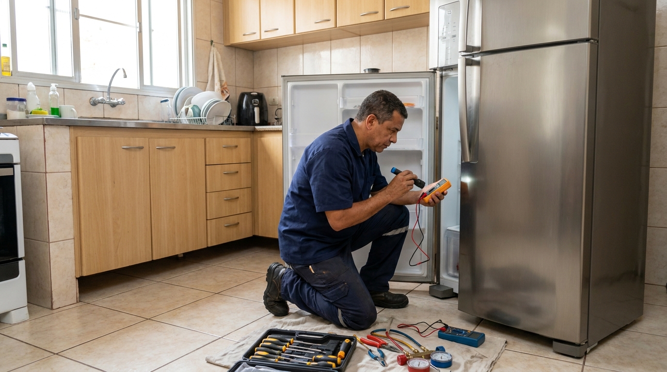 Técnico aplicando recarga de gás refrigerante em geladeira em Piracicaba‑SP