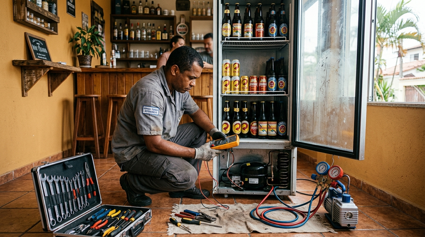 Substituição de termostato de cervejeira em serviço técnico em Piracicaba‑SP